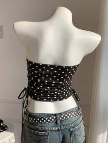 Comfortcana Women's Summer Fashion Holiday Style Black And White Polka Dot Print Drawstring Ruched Cropped Tube Top Vacation 1920s Vintage Classy,Summer Top - Black - View 2