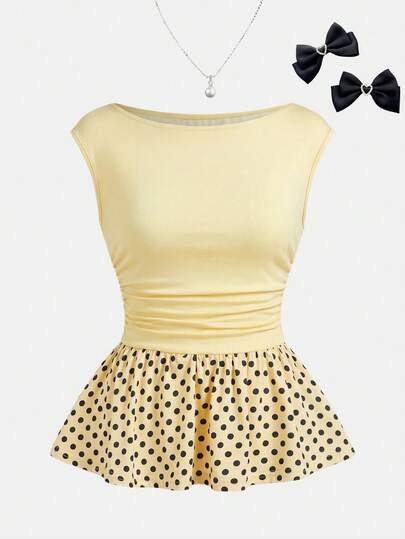 Girlism Teen Girls' Polka Dot Ruffle Hem Tank Tops & Camis, Elegant Versatile Polka Dot Ruffle Hem Blouse, Suitable For Daily Wear, Elegant , Party Family Gathering, Graduation, Vacation