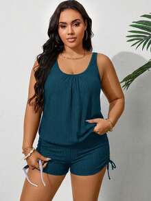 Swim Lushoire Baju Renang Tankini Ukuran Besar Motif Garis-garis Bertekstur Hitam Polos untuk Liburan Pantai Musim Panas 2026 - Teal Blue - View 4
