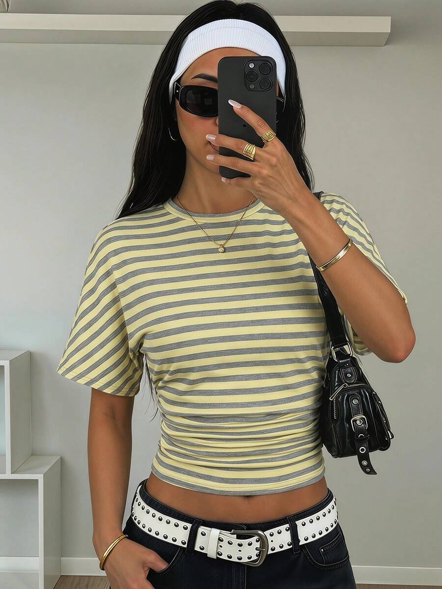 SHEIN Teen Girl Striped Cinched Waist Ruched Round Neck Short Sleeve Cropped Casual T-Shirt - Multicolor - View 1