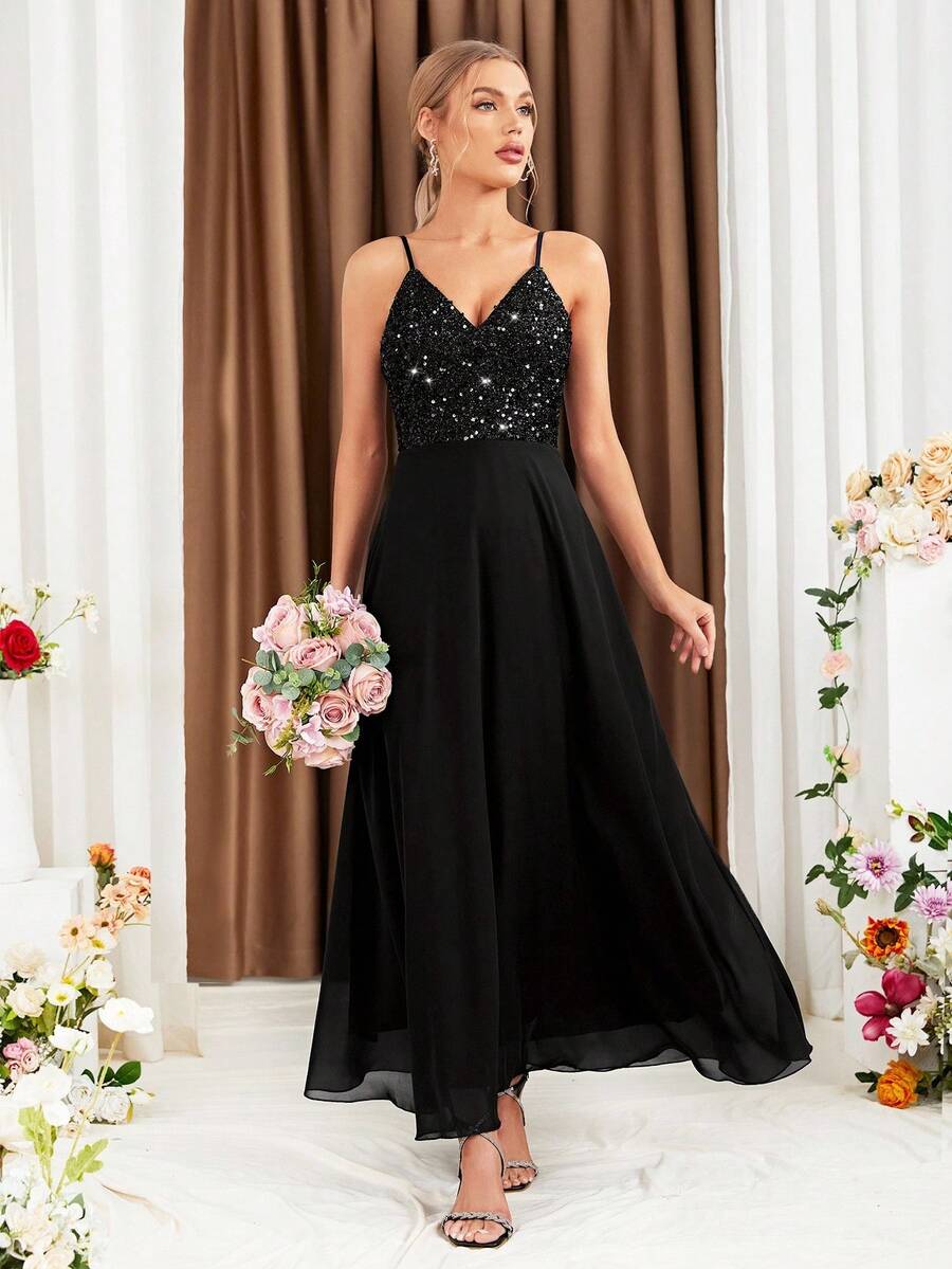 SHEIN Belle Váy phù dâu hai dây đính sequin và họa tiết chắp vá - màu đen - Xem 1