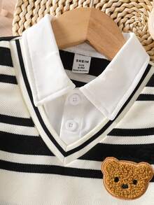 SHEIN Playful Pals 2pcs/Set Infant Toddler Baby Boy Striped Knit Vest & Polo Shirt Bear Patch Shorts Summer Cute Family Matching Back-To-School Black And White Checkered - Apricot - View 5