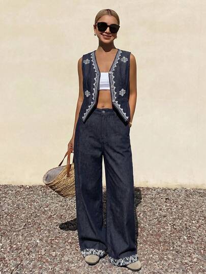 Livesso Spring & Summer Ditsy Floral Sleeveless Casual Vacation Style Denim Jacket And Straight Leg Jeans 2-Piece Set For Women
