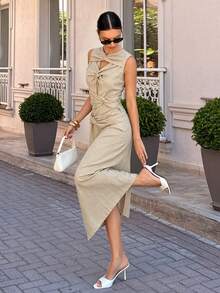 Siren Gaze Women's Sleeveless Solid Color Twist Design Dress, Casual Tropical Jamaican Elegant Evening, Linen Flare, Summer, Vacation Beige Garden Party - Apricot - View 5