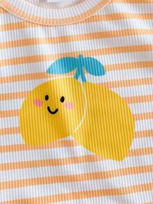 SHEIN Playful Pals 6件套女婴套装，白色、橙色、蓝色柠檬条纹、碎花、波点印花无袖上衣+松紧腰短裤，休闲可爱清新套装，柔软针织罗纹面料，适合春夏日常外出、上学、购物、公园、聚会、旅行等场合。 - 彩色 - 查看 9