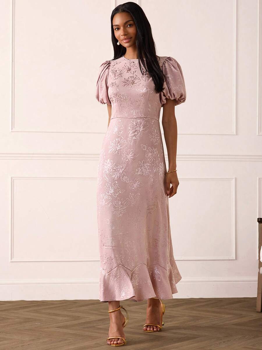 Lilora 女士优雅提花长裙,高端时尚百搭婚礼新郎新娘教母装,淡粉色夏季度假旅行,日常聚会夏季装扮 - 藕粉色 - 查看 1