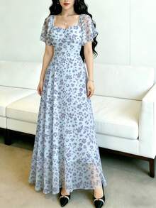 Modelyn 女款淺藍色花卉優雅夏季長洋裝，方領荷葉袖收腰設計，時尚剪裁印花茶會度假穿搭 - 彩色 - 查看 3