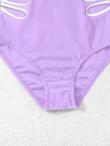 SHEIN Traje de baño de una pieza con cuello asimétrico para niña preadolescente con recortes laterales, de moda, casual y elegante, adecuado para nadar, vacaciones - Púrpura malva - Ver 3