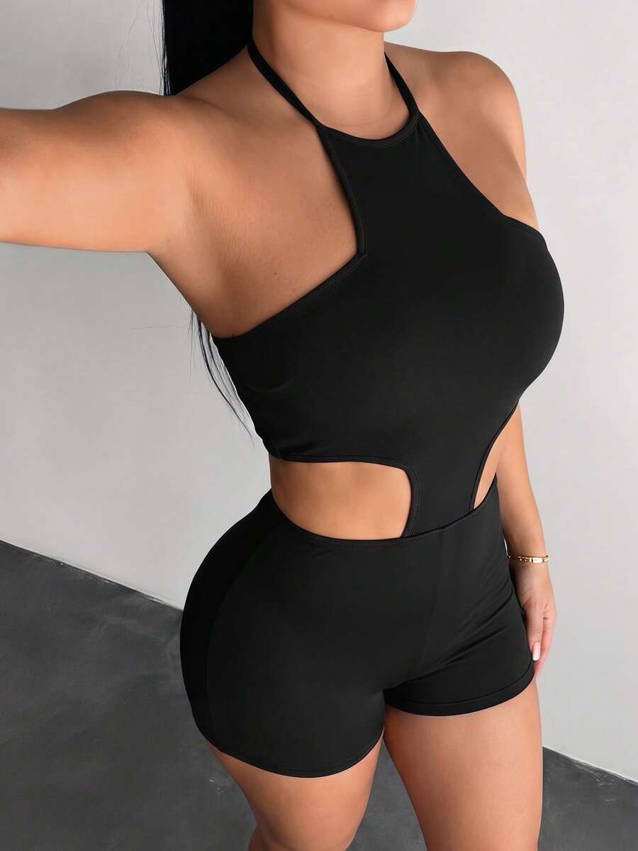 SHEIN SXY 女士纯色镂空性感露背紧身吊带连体衣