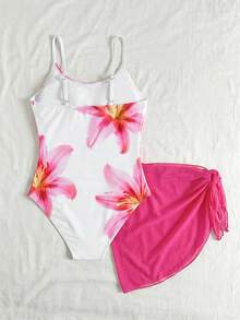 SHEIN 女童碎花吊带连体泳衣，带罩衫和裙子 - 玫紅色 - 查看 3