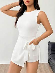 SHEIN EZwear 女士纯色极简无袖连体裤，适合日常穿着，白色 - 白色 - 查看 4