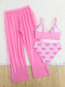 SHEIN Tween Girl Pink Lily Print Split Swimwear With Mesh Wide Leg Pants 3pcs Set,Skin Friendly Quick Drying Spaghetti Strap Bikini For Summer Vacation - Pink - View 2