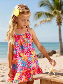 SHEIN Elladie kids Đầm dệt kim họa tiết hoa dâm bụt in kỹ thuật số cho bé gái, có bèo nhún ở gấu và dây đeo vai, thích hợp mặc hàng ngày vào mùa hè, đi chơi, du lịch, nghỉ mát và các buổi tụ họp. - Đỏ - Xem 3