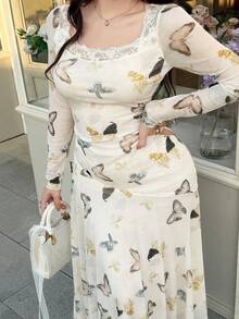 Feyla 大码蝴蝶印花蕾丝长袖连衣裙 - 彩色 - 查看 3