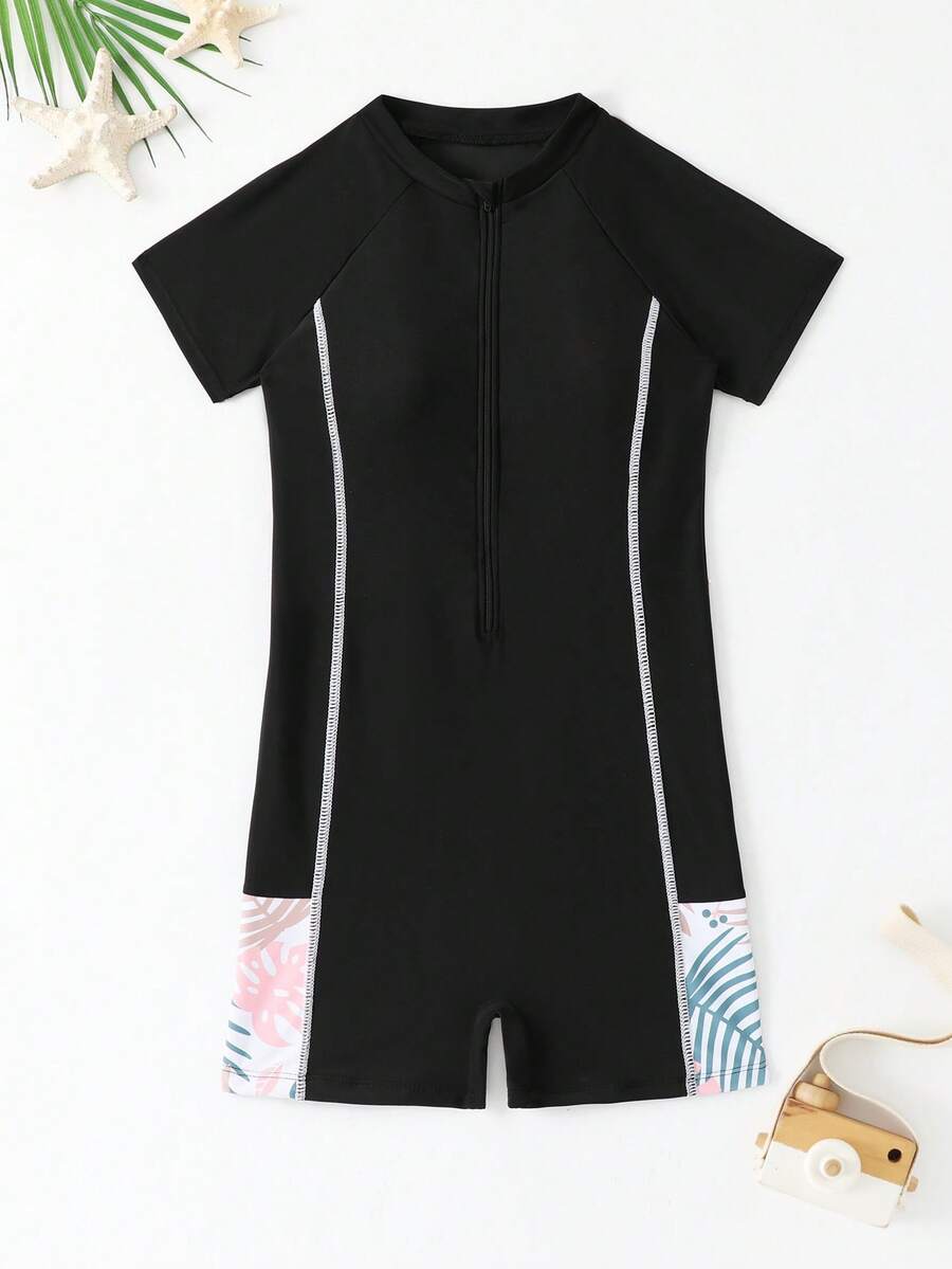 SHEIN Tween Girl Tropical Print Front Zipper Raglan Sleeve One-Piece Swimsuit With Shorts, Suitable For Swimming, Surfing, Diving, Beach Sports - Multicolor - View 1