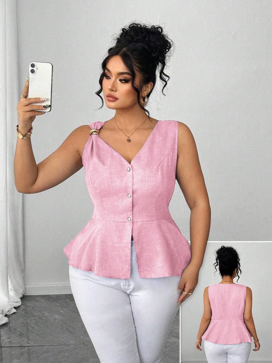 Celure 大码女式金属纽扣珍珠装饰优雅衬衫 - 西瓜粉 - 查看 1