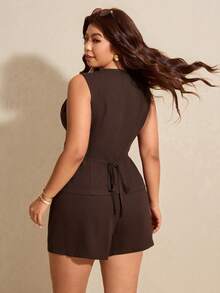 Elaquor Bộ vest và quần short màu trơn cài khuy đơn dành cho nữ cỡ lớn. - Cà phê nâu - Xem 2