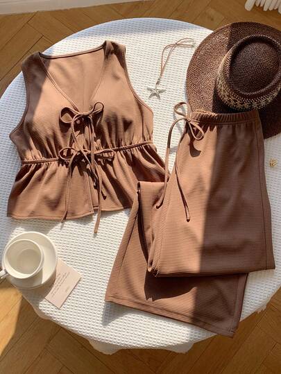 Comfortcana Women's Solid Color Minimalist Sleeveless Top And Pants 2-Piece Set, Casual Daily Wear