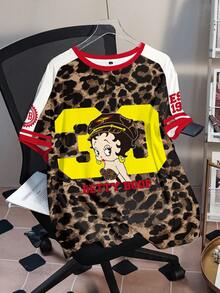 Betty Boop x SHEIN Plus Size Women's Leopard Print Short Sleeve T-Shirt, All-Over Print, Casual Summer Chocolate Brown - White - View 1