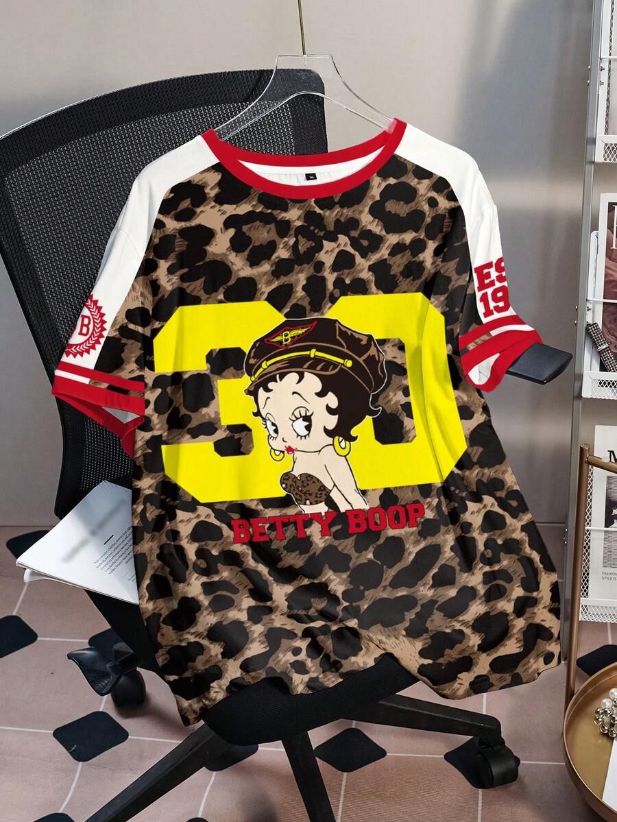 Betty Boop x SHEIN Plus Size Women's Leopard Print Short Sleeve T-Shirt, All-Over Print, Casual Summer Chocolate Brown - White - View 1