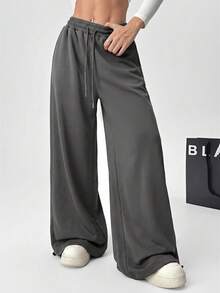 SHEIN EZwear 女款休閒抽繩腰寬鬆運動長褲，適合畢業典禮、返校日、教師節等場合，深灰色 - 深灰色 - 查看 4