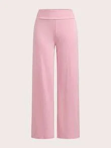SHEIN EZwear 两件套女士休闲纯色黑色和粉色高腰阔腿直筒裤，适合夏季穿着 - 彩色 - 查看 5