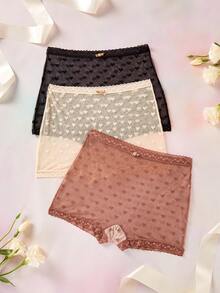 Elorette 3pcs/Set Sweet Heart Jacquard Mesh Lace Trim Panties - Multicolor - View 1