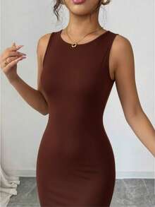 Elenzga Women's New Elegant Backless Pearl Fitted Sleeveless Solid Color High-End Dress - Brown - View 5