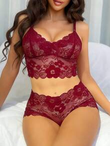 Bộ 2 món gồm áo ngực không gọng và quần lót viền ren. - Màu Đỏ Sâu - Xem 4