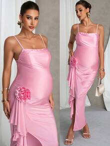 SHEIN Robe camisole d'été pour femmes enceintes, couleur unie, fente, fleurs 3D, robe élégante pour femmes - Rose bonbon - Voir 12
