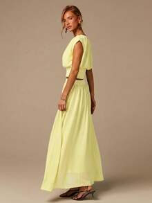 COSMINA Chiffon Patchwork Knit Sleeveless Top And Skirt 2-Piece Set, Women's Summer Outfit, Flowy Feel, Fashionable Set, Summer Vacation Set, Beach Holiday 2-Piece, Army Green Set, Ruched Design, Casual Suit - Light Yellow - View 4