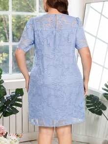 Reflora Plus Size Solid Color Minimalist Daily Wear Round Neck Short Sleeve Dress - Baby Blue - View 2