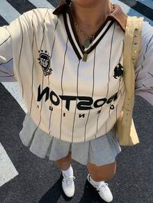 Muchica 大码女式条纹字母印花休闲百搭日常卫衣 - 杏色 - 查看 3