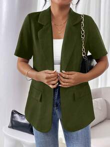 Vionelle Áo blazer tay ngắn tối giản màu trơn kiểu Pháp cỡ lớn - Màu xanh Ô liu - Xem 6