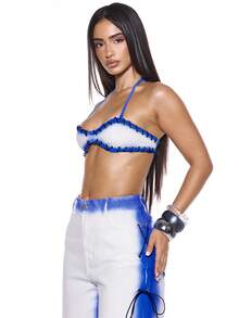 MUSERA Top tipo sujetador de denim con ojales y lavado a contraste, sexy para verano, primavera, festivales, vacaciones, fiestas y salidas - Azul y blanco - Ver 4