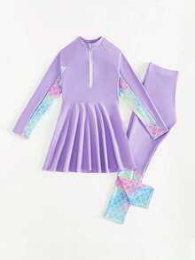 Conjunto de dos piezas de traje de baño para niña con protección solar de manga larga, estampado degradiado de escamas de pez y tirantes - Púrpura malva - Ver 3