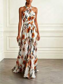 SHEIN Clasi Nuovo abito elegante da vacanza con motivo floreale, un abito estivo oversize con design alla halter senza maniche e uno stile chic. - Multicolore - Visualizzare 6