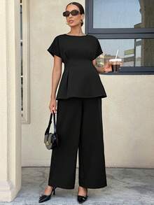 MaterniWear Maternity Elegant Solid Color Top & Pants 2 Pieces Set - Black - View 3