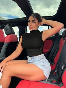 SHEIN SXY 素色小高領背心上衣 - 黑色 - 查看 3