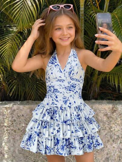 SHEIN Tween Girl Vacation Mini Dress With Elastic Ruched Bust, Tie Neck, Bowknot, And Tiered Ruched, Can Wear Inner Or Outer,Summer Dresses ,Solid White Dress