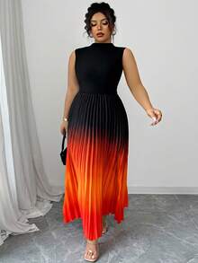 Elenzga Sleeveless High Neck Pleated Ombre Floral Print Plus Size Dress - Orange - View 3