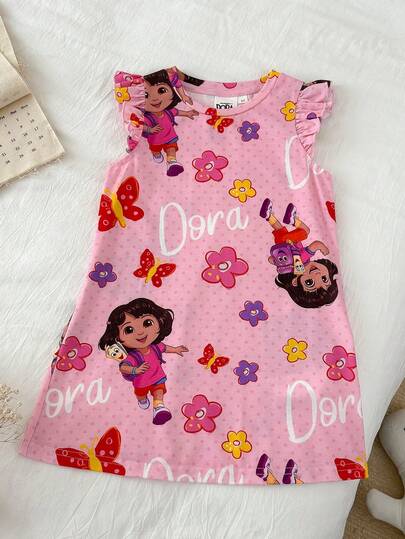DORA | SHEIN Bộ đồ ngủ mùa hè in họa tiết dễ thương, cổ tròn, tay ngắn cho bé gái, DORA