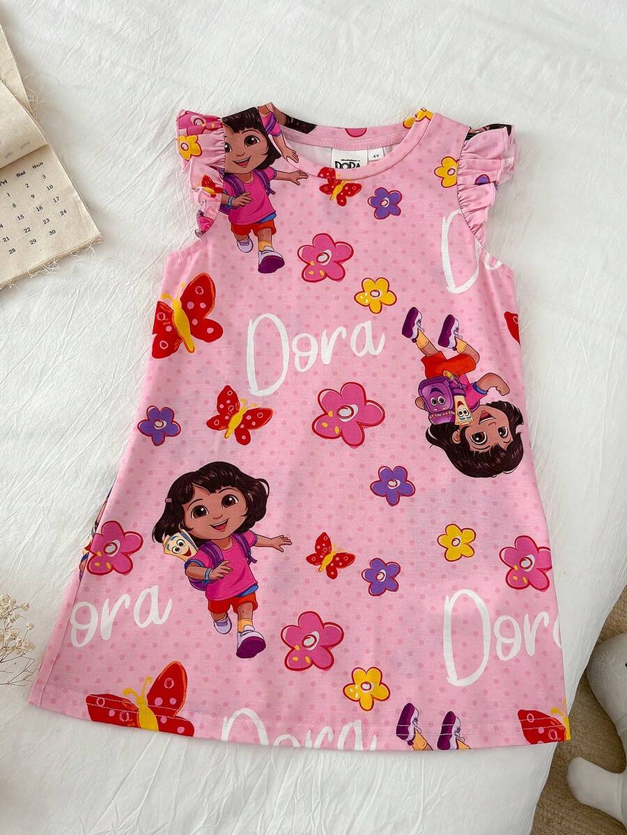 DORA | SHEIN DORA 女童圆领短袖可爱印花夏季睡衣 - 粉色 - 查看 1