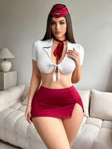Fantasy Costume Fantasy Costume Bộ đồ lót nữ 5 món (Áo ngực không gọng, quần lọt khe, váy ngắn, cà vạt, mũ) - Đỏ và trắng - Xem 5