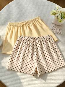 SHEIN Sparklyn Bộ 2 quần short vải lanh kẻ sọc dáng rộng thoải mái cho bé gái tuổi teen, thích hợp cho mùa xuân/hè đi biển, ở nhà và nhiều dịp khác. - Màu vàng - Xem 1