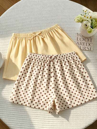 SHEIN Sparklyn Bộ 2 chiếc quần short linen kẻ sọc dáng rộng, thoải mái dành cho bé gái cỡ lớn, thích hợp cho mùa xuân/hè đi biển, ở nhà và nhiều dịp khác.