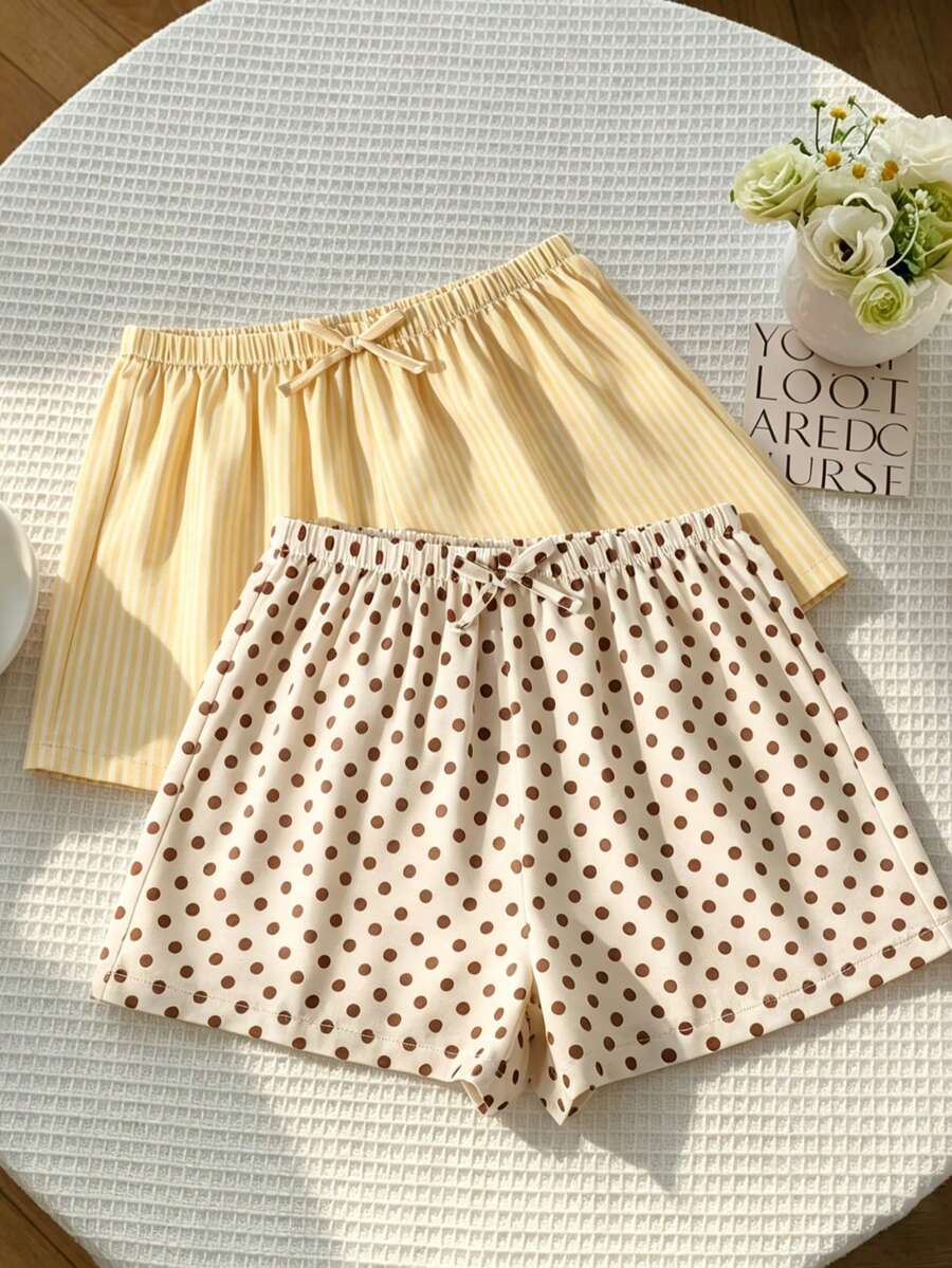 SHEIN Sparklyn Bộ 2 quần short vải lanh kẻ sọc dáng rộng thoải mái cho bé gái tuổi teen, thích hợp cho mùa xuân/hè đi biển, ở nhà và nhiều dịp khác. - Màu vàng - Xem 1