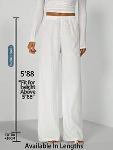 SHEIN Tall CURVE 大码女式高腰宽松抽绳褶皱纹理面料阔腿裤，女式白色亚麻裤 - 白色 - 查看 1