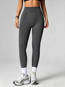 Easithlete Quần legging thể thao thường ngày, ôm sát, không đường may, co giãn cao, thoáng khí. - Màu xám đen - Xem 3