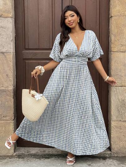 Vionelle Plus Size Plaid Print Deep V-Neck Long Sleeve Dress